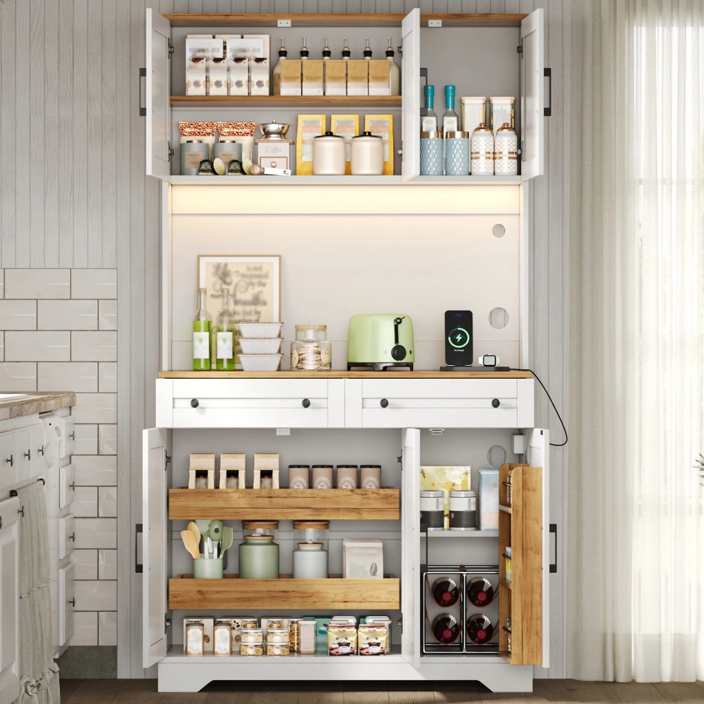 Credenza alta da cucina con LED RGB, prese integrate e 2 cassetti, colore Natural+White, 100 x 40 x 180 cm