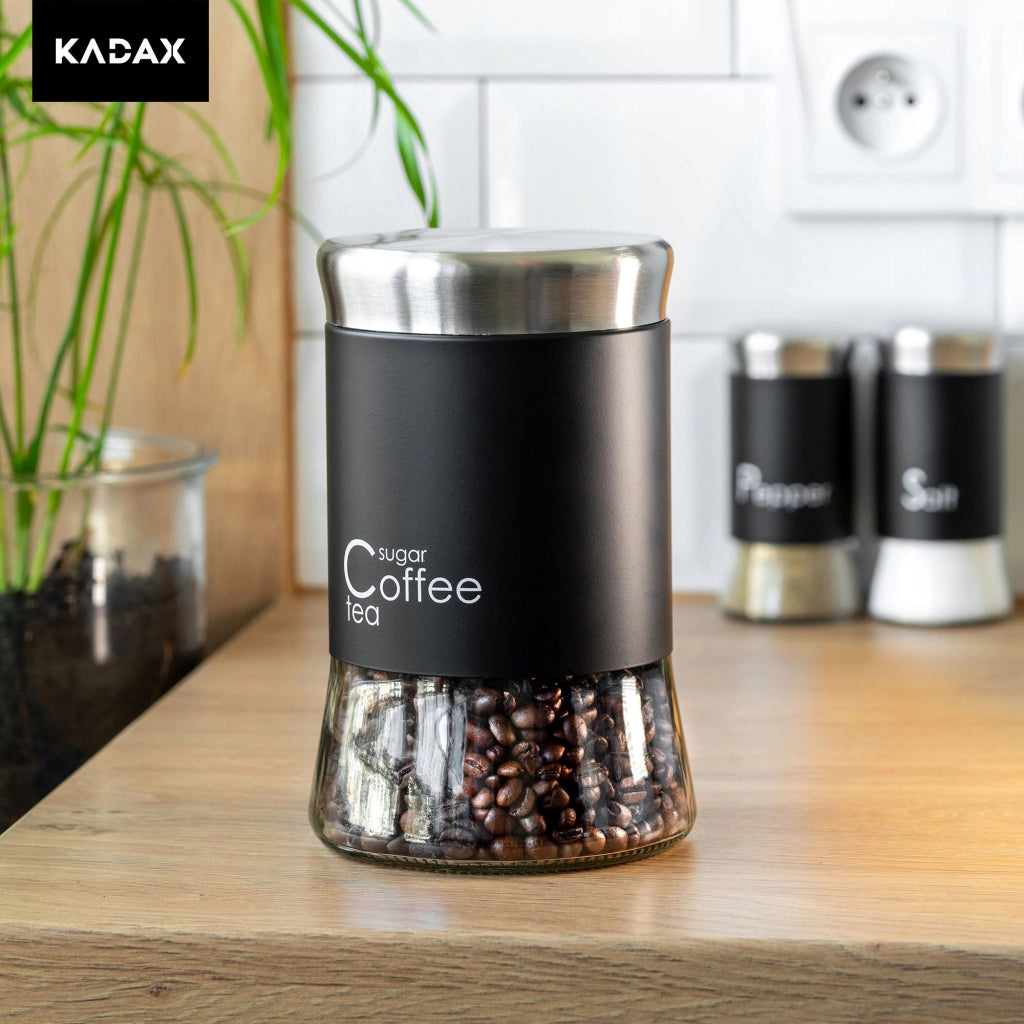 Contenitore in vetro con coperchio nero KADAX per caffè, tè e zucchero, capacità 1000 ml (1 litro).