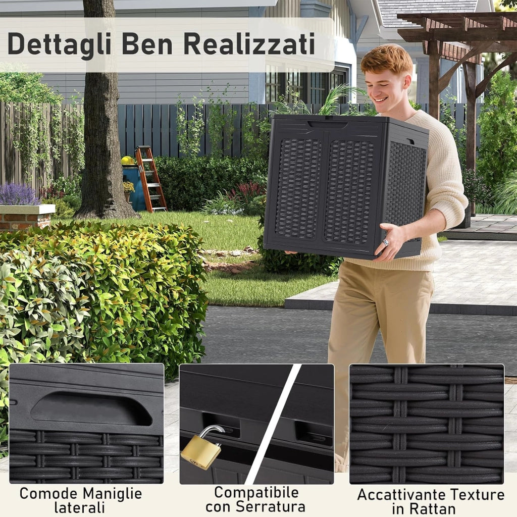 Baule da Esterno 145 L, Cassapanca Contenitore Impermeabile con Effetto Rattan, Coperchio Bloccabile e Maniglie, per Giardino, Patio e Piscina, 56 x 56 x 60,5 cm (Marrone)