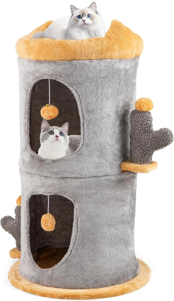 Cuccia per Gatti a 2 Piani, Albero per Gatti con 2 Comode Casette, 2 Palline Pendenti in Peluche, Piattaforma Imbottita in Peluche, Mobile Grotta per Gatti, Nascondiglio a Forma di Barile