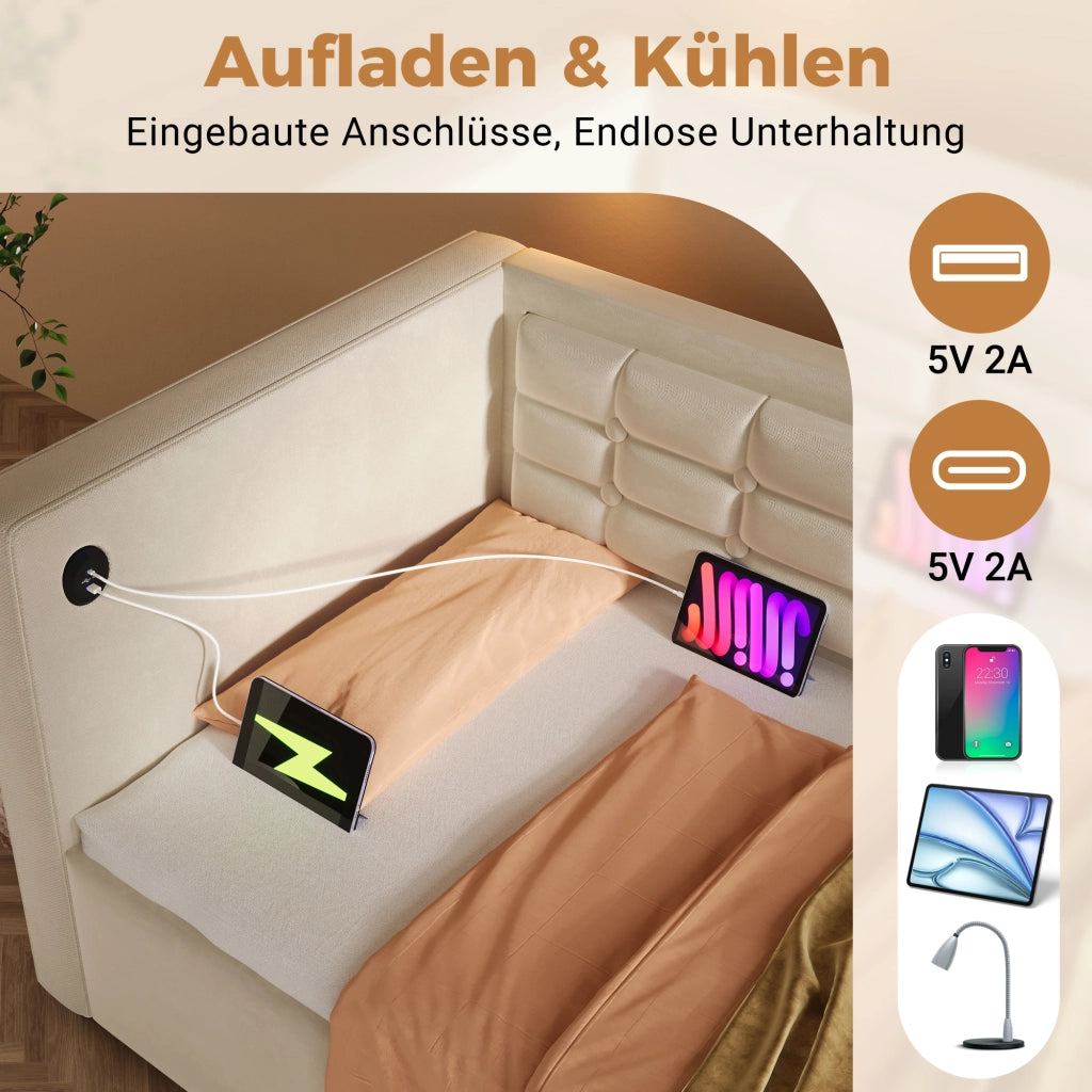 DESMIU Divano letto 90 × 200 cm 1 posto con vano contenitore idraulico, USB, Type-C, senza materasso, in velluto, beige
