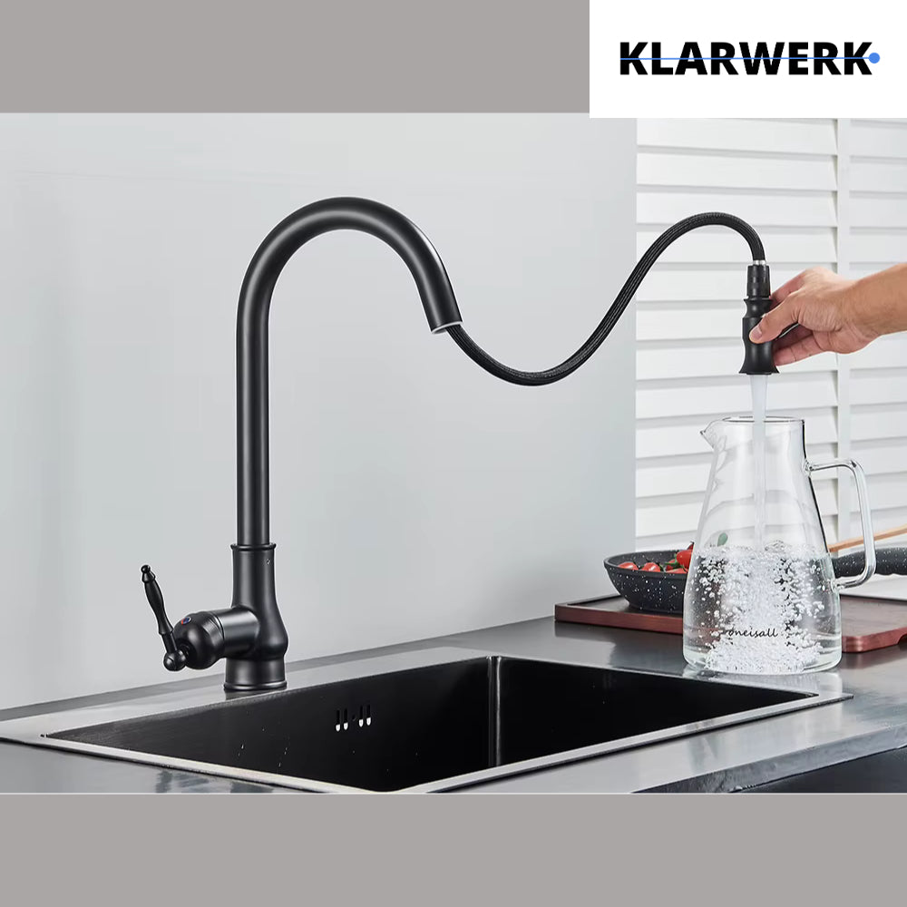JANA | Rubinetto da cucina estraibile vintage in acciaio inossidabile nero antico | miscelatore arco alto |alta pressione ruotabile a 360° 2 attacchi