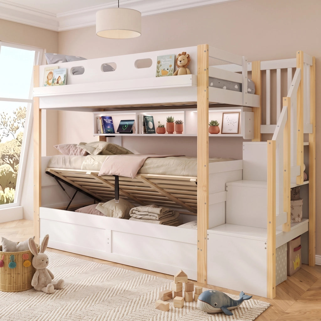 Letto a castello per bambini 90x200 + 90x200 cm con LED, USB, scala contenitore e letto inferiore con contenitore idraulico, bianco