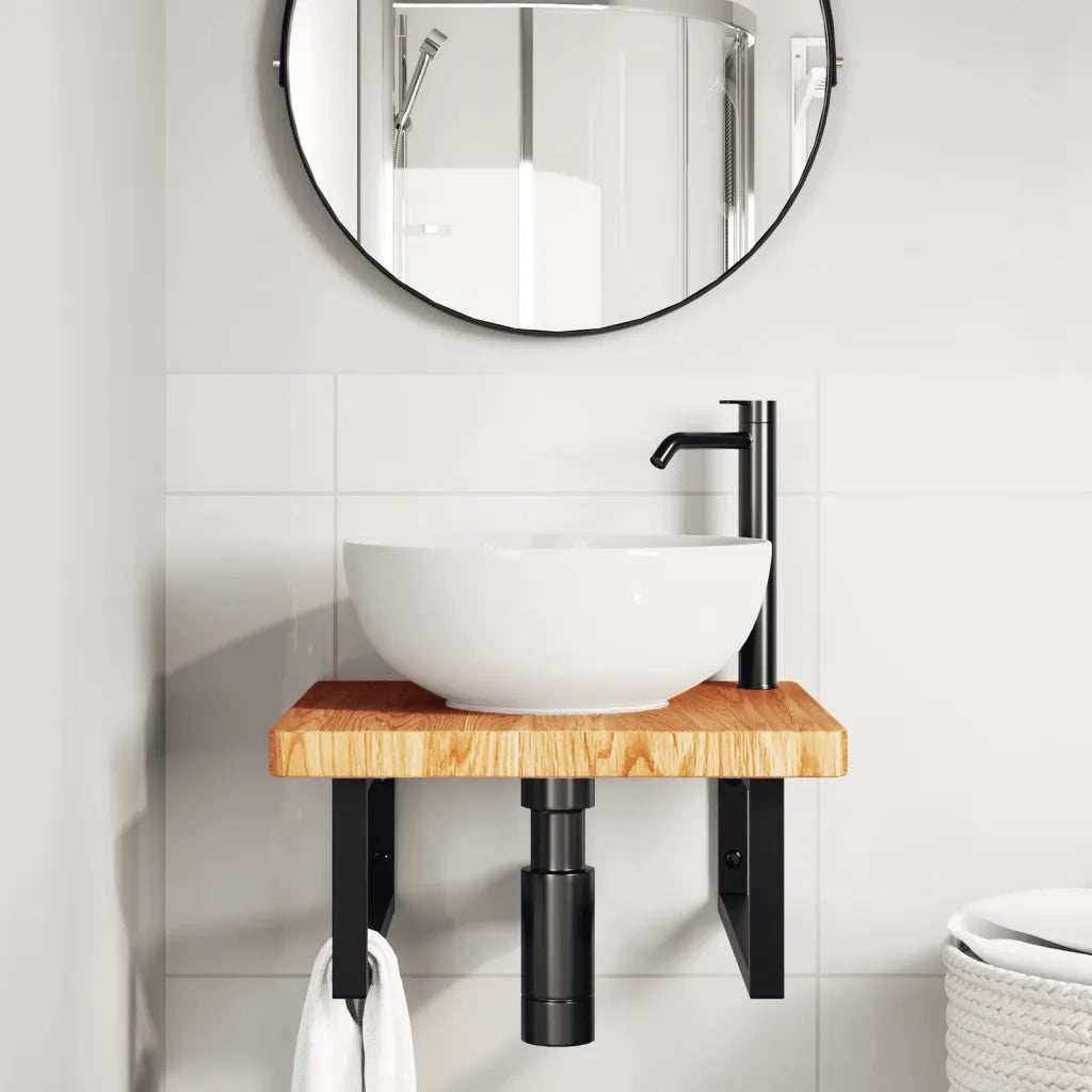vidaXL Ripiano a Parete per Lavabo in Acciaio e Massello di Rovere