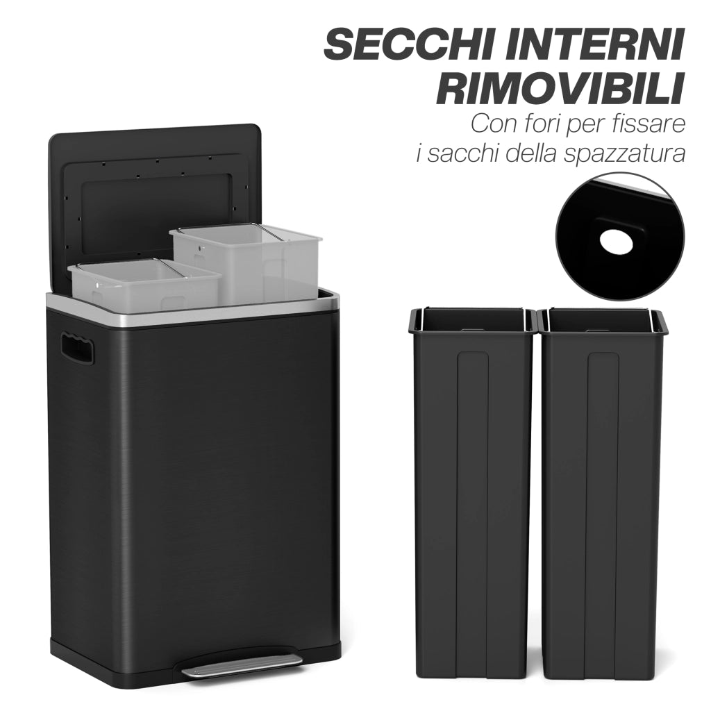 Bidone Immondizia 2 Sezioni 20L ¨C zephmum ¨C Acciaio Inox PP Nero 40x34.8x59