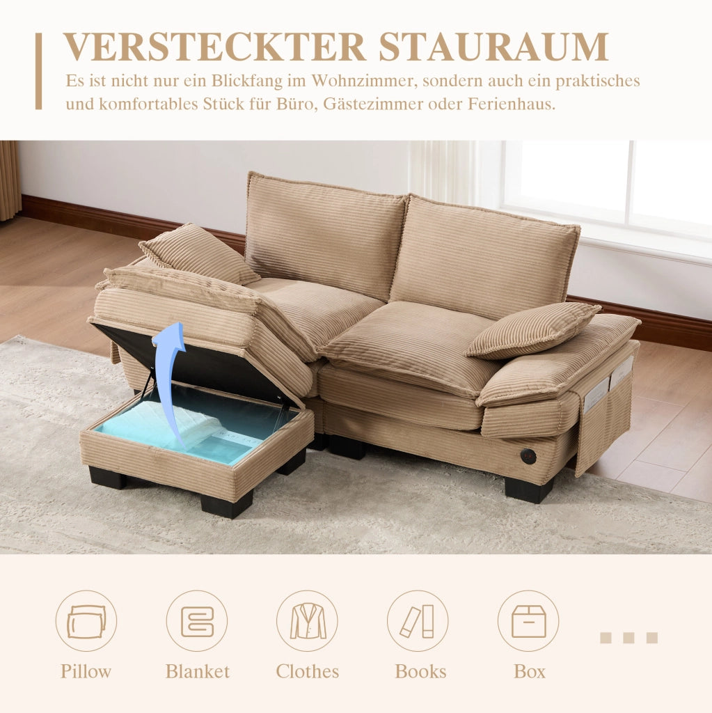 Divano 2 posti con pouf contenitore; USB-C e tasche laterali; velluto a coste kaki