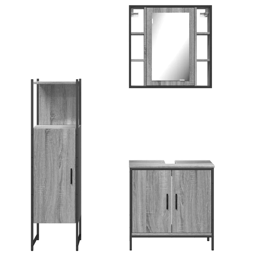 Set Mobili da Bagno | Armadio da bagno 3 pz Grigio Sonoma in Legno Multistrato