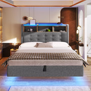 Letto contenitore matrimoniale 140×200 cm con LED; USB e Type-C; testiera con ripiani; senza materasso; lino; grigio
