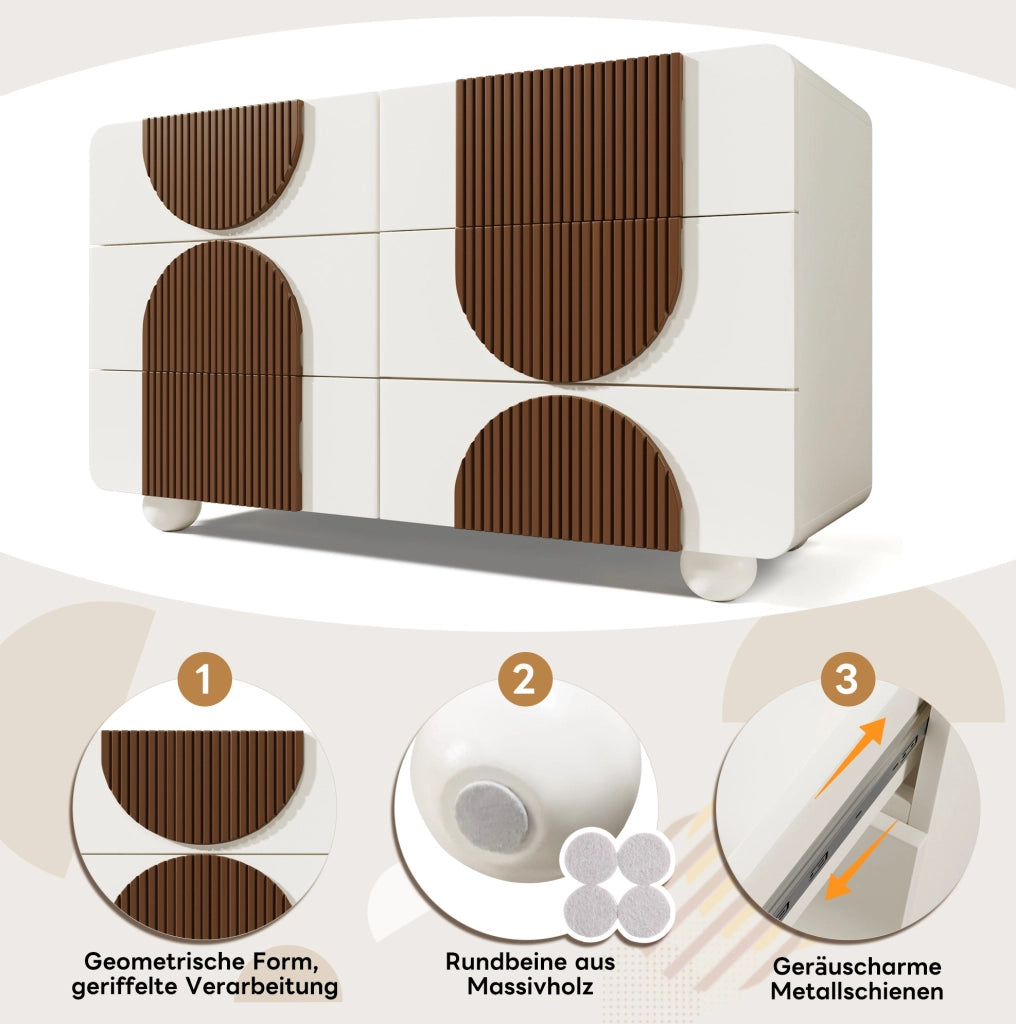 Comodino a 6 cassetti con linee curve e finitura bianca