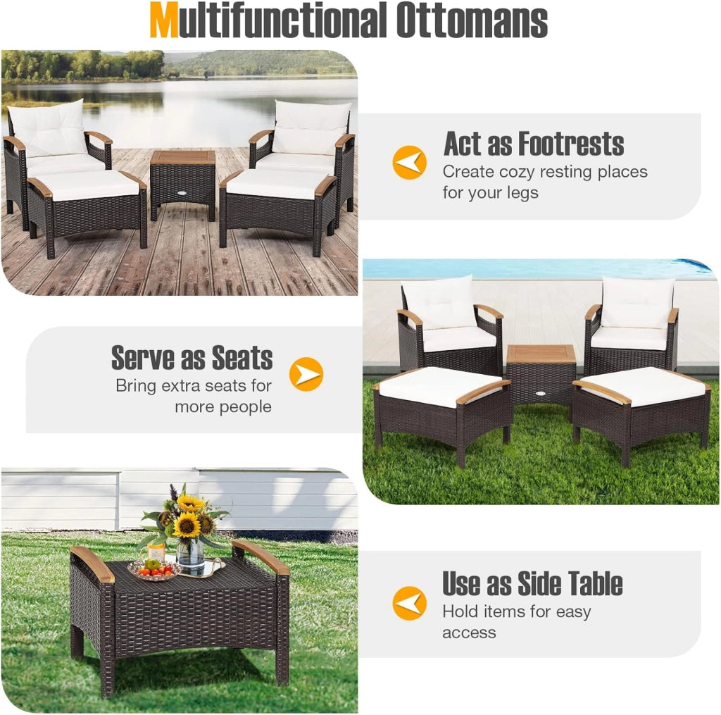 Set Mobili da Giardino 5 Pezzi, Salotto da Giardino in Rattan PE con 2 Poltrone, 1 Tavolino e 2 Poggiapiedi, Cuscini Morbidi, Braccioli e Piano in Legno, per Cortile (Bianco)
