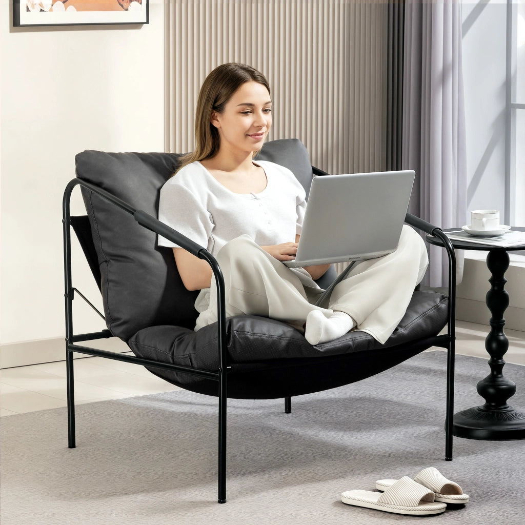 Poltrona da Salotto in Pelle PU e Telaio in Metallo con Cuscini Spessi, 74.5x75x77 cm, Grigio Carbone