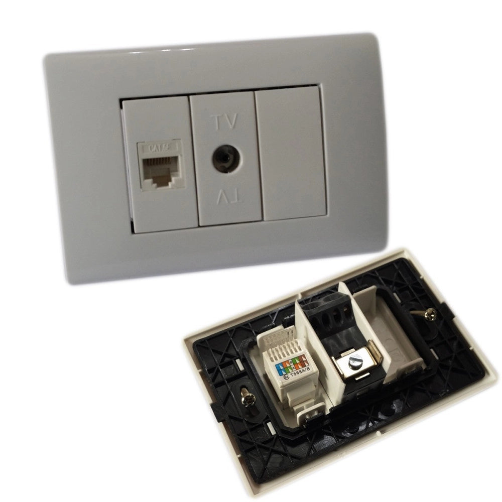 Trade Shop - Placca Placchetta 3 Posti Completa 1 Presa Tv 1 Presa Ethernet Rj45 Incasso 503 -