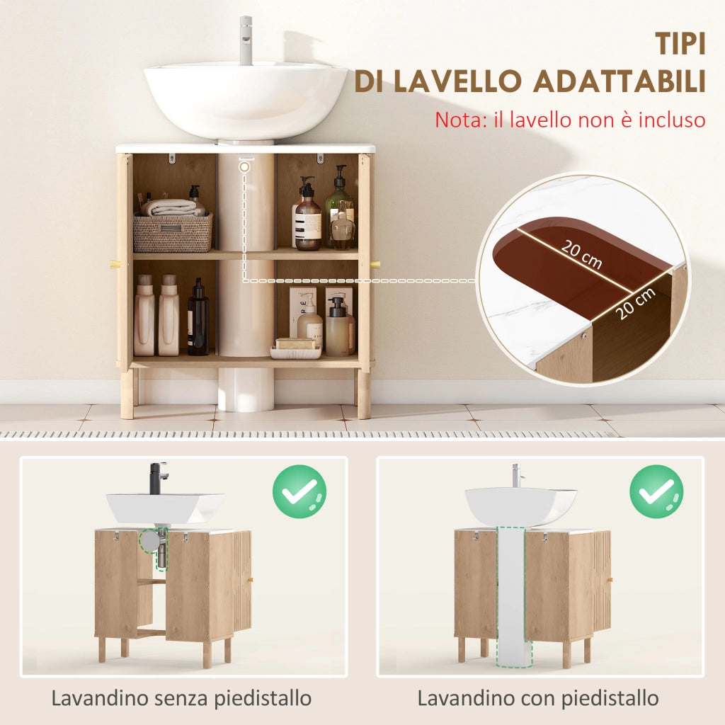Mobile Sottolavabo a 2 Ante con Ripiano Effetto Marmo e Mensola Regolabile. Rovere