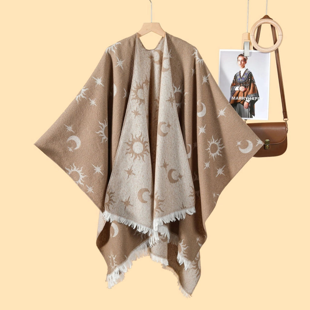 Nuovo scialle caldo da donna in jacquard con nappe a doppio lato e spacco