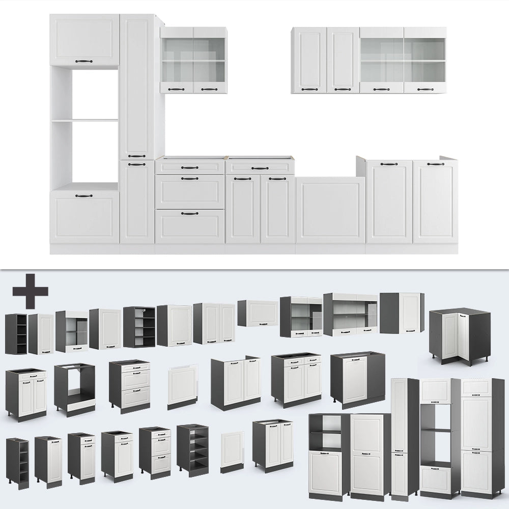 Mobile da cucina R-Line Bianco rustico/Bianco 350 cm con armadio alto, PL Antracite Vicco