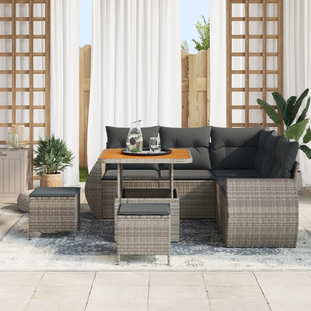 Set Divano da Giardino a 8 Pezzi con Cuscini Grigio Polyrattan Acacia