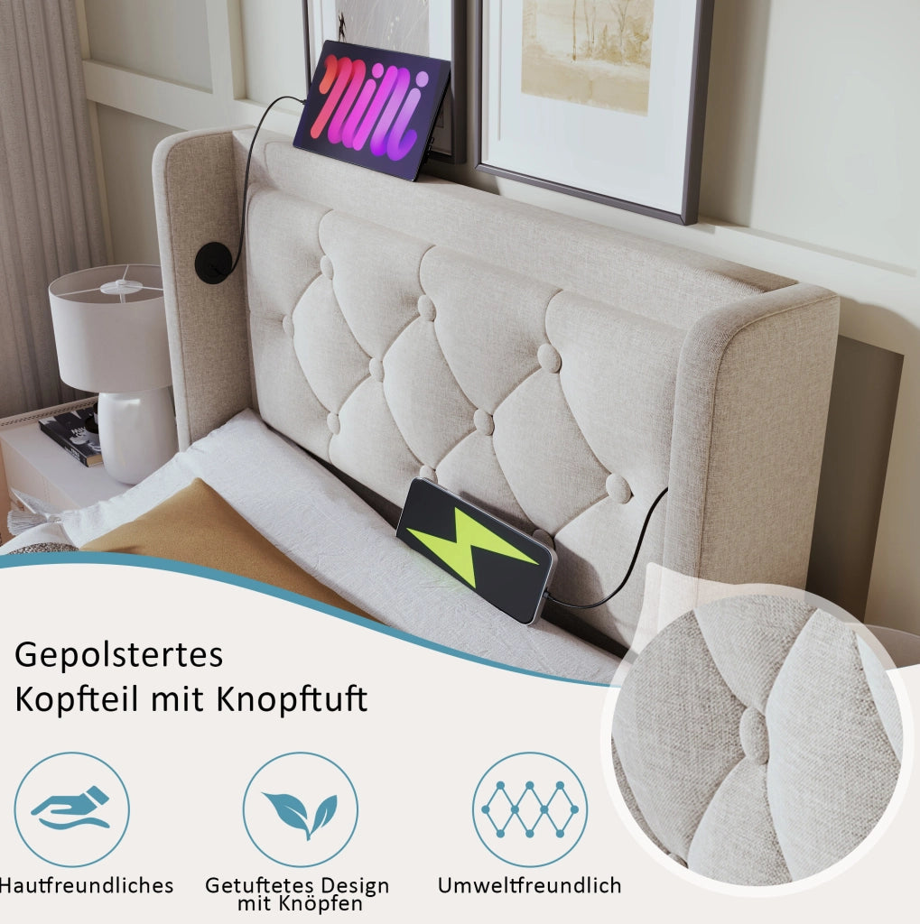 Letto singolo contenitore 90x200 beige con materasso, LED USB-C