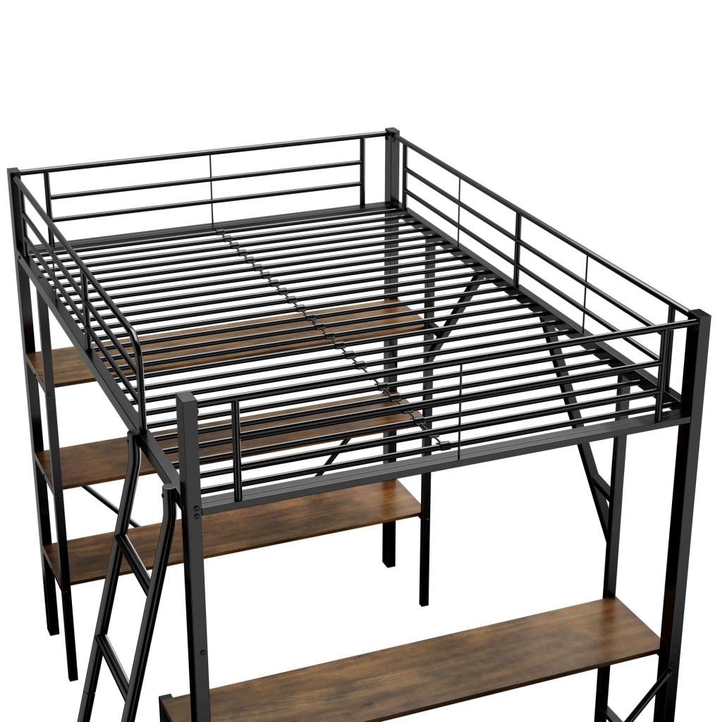 Letto a soppalco 90x200 cm con scrivania e 3 ripiani; metallo; nero