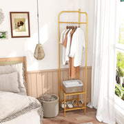 Appendiabiti Salvaspazio, Bastone Appendiabiti con Scaffale Scarpe a 2 Piani, con Protezione Antiribaltamento e Piedini Antiscivolo, Stand Appendiabiti per Ingresso e Camera da Letto (Oro)