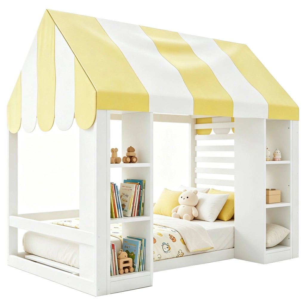 Letto per bambini 90x200 cm con baldacchino e vani portaoggetti bianco