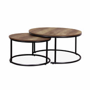Set di 2 tavolini rotondi in metallo e legno, marrone naturale