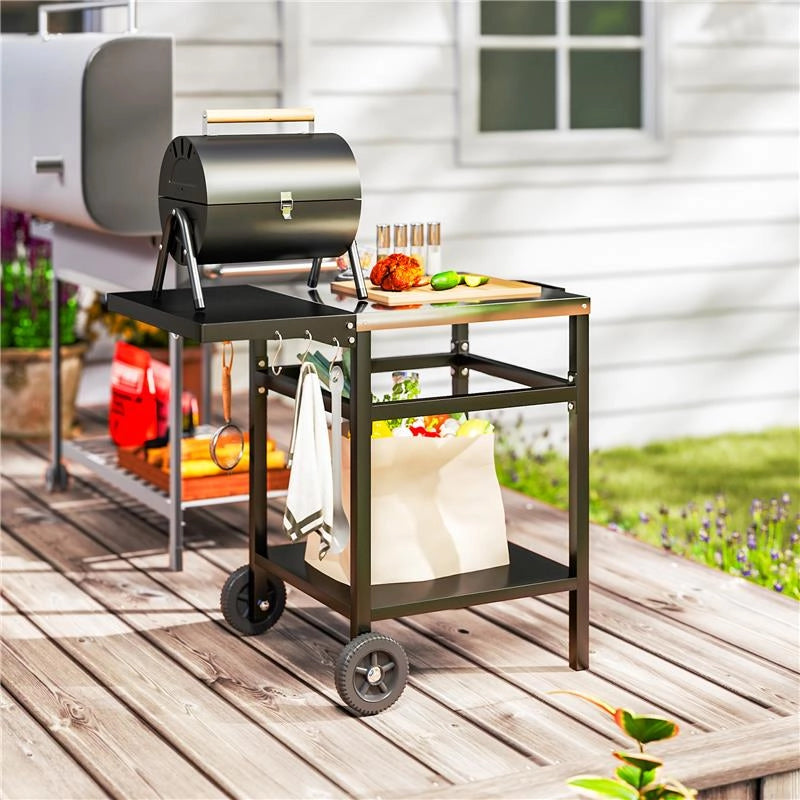 CARRELLO PER BARBECUE CON PIANO IN ACCIAIO E RIPIANO RICHIUDIBILE RUOTE E GANCI 91X58X76 CM NERO