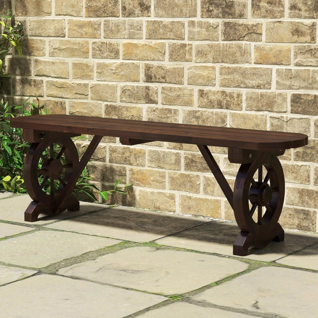 Panchina in Legno Rustico, Panchina da Esterno con Base a Ruota di Carro, Design Sedile a Doghe, Panchina a 2 Posti per Giardino, Balcone e Cortile, Portata 325 kg