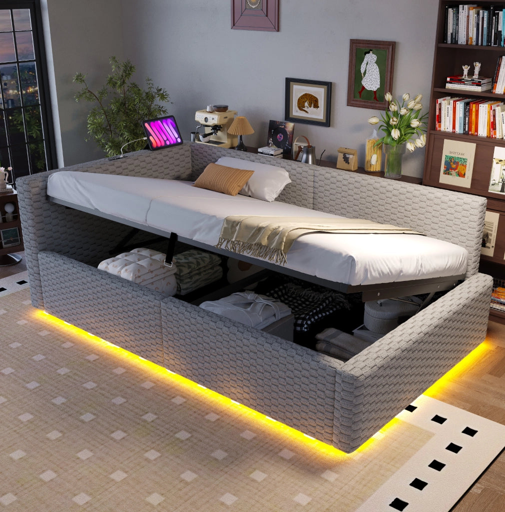 Letto imbottito 90x200 cm con vano contenitore, LED e porte USB/Type-C