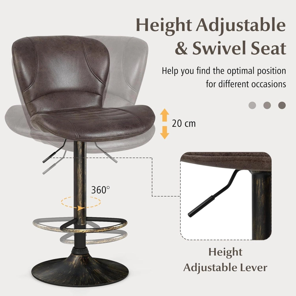 Set di 2 sgabelli da bar regolabili in altezza, 61-81 cm, girevole a 360°, con poggiapiedi, sgabello girevole con schienale, sgabello da cucina, stile vintage, in poliuretano, portata 150 kg
