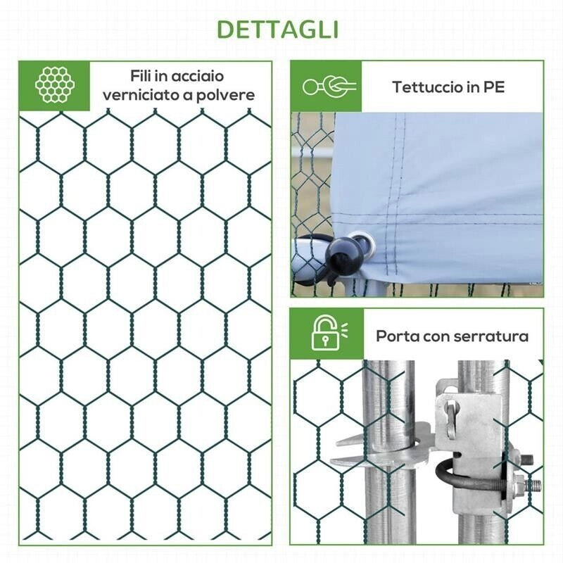 POLLAIO DA GIARDINO CON TELAIO ZINCATO, COPERTURA IMPERMEABILE E RETE ESAGONALE, 3X6X2M, ARGENTO