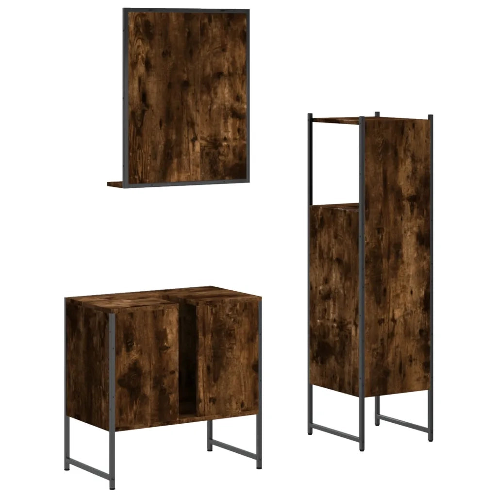Set Mobili da Bagno | Armadio da bagno 3 pz Rovere Fumo in Legno Multistrato