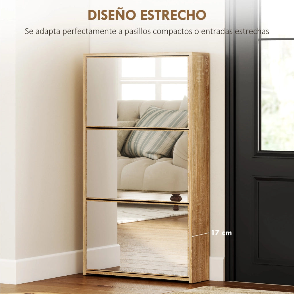 Scarpiera con specchio e 3 ante per ingresso ¨C zephmum ¨C legno naturale 65x17x114.5 cm