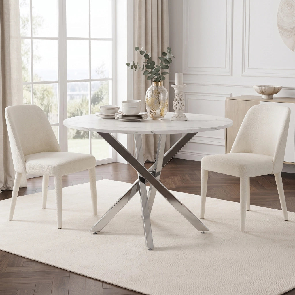 Tavolo rotondo 80 cm in MDF effetto marmo, gambe cromate argento, stile moderno, bianco e argento