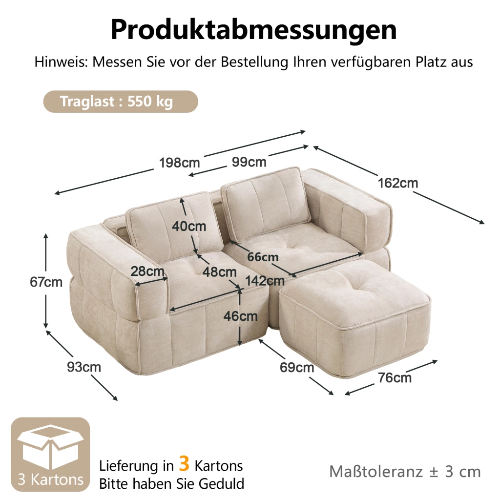 Divano modulare senza struttura con pouf in poliestere, ampia seduta e base antiscivolo per soggiorno beige