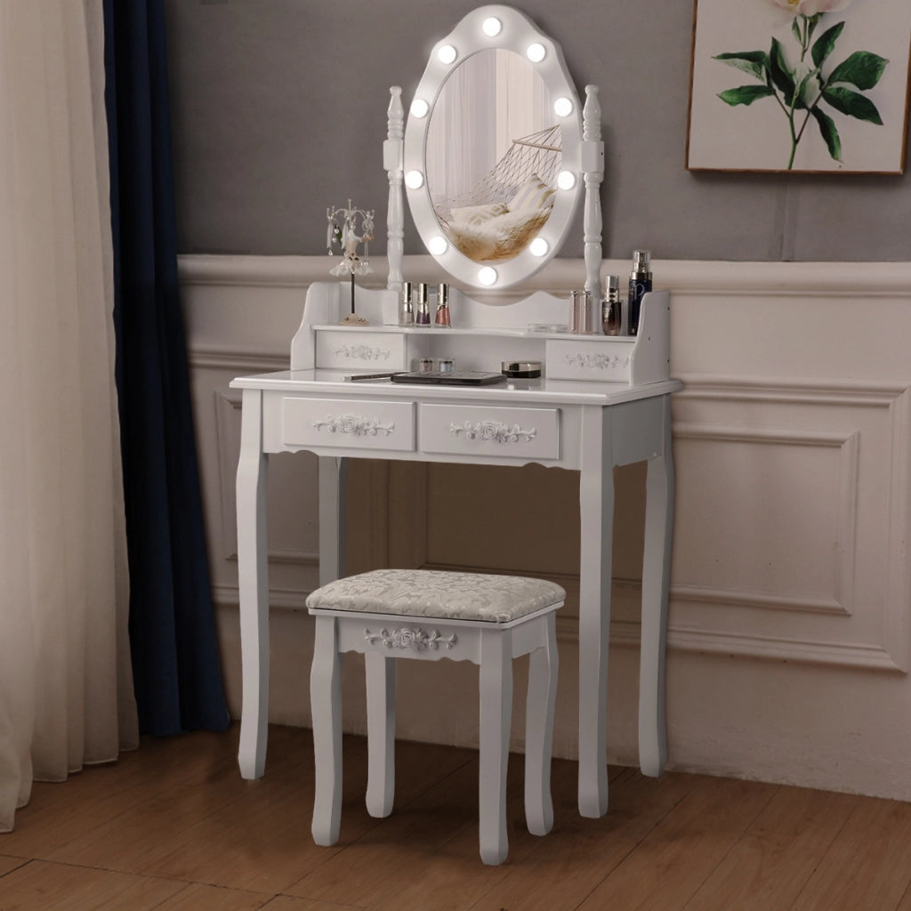 Set toeletta con specchio ovale e 10 lampadine LED, Toeletta classica con 4 cassetti, Bianco-Tavoli da trucco