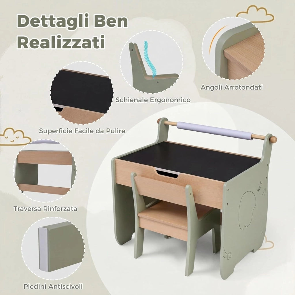 Set Tavolo e Sedia per Bambini 4 in 1, Set con Scrivania e Sedia in Legno per Bambini con Lavagna Reversibile, Rotolo di Carta e Contenitore Nascosto per Aula e Cameretta (Verde)