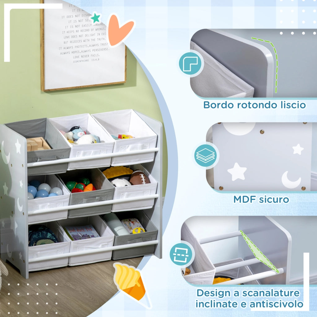 EasyComfort Mobiletto Portagiochi con 9 Cestini Rimovibili in MDF e Tessuto, 63x30x60cm, Grigio e Bianco