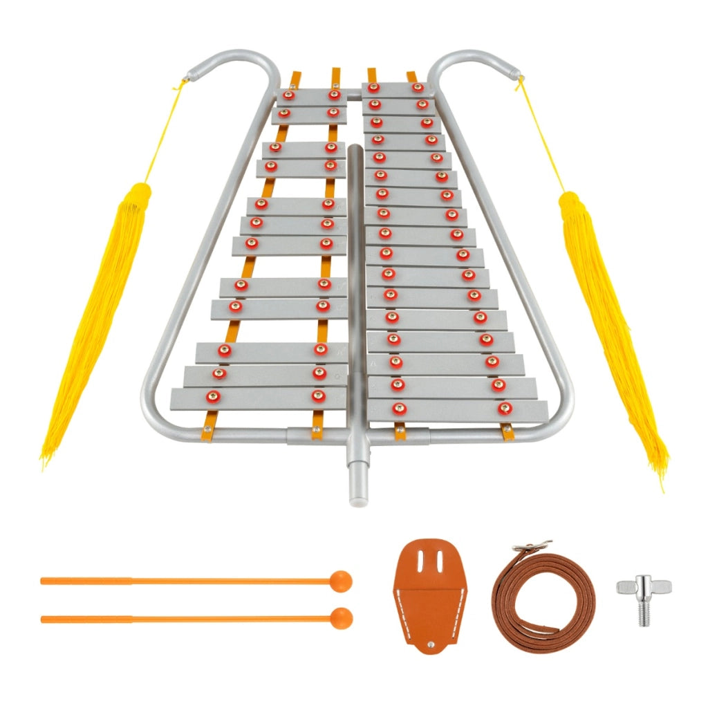 Glockenspiel regolabile in lunghezza da marcia in alluminio con maniglia regolabile-Kit di percussioni glockenspiel a 29 note per adulti Argento