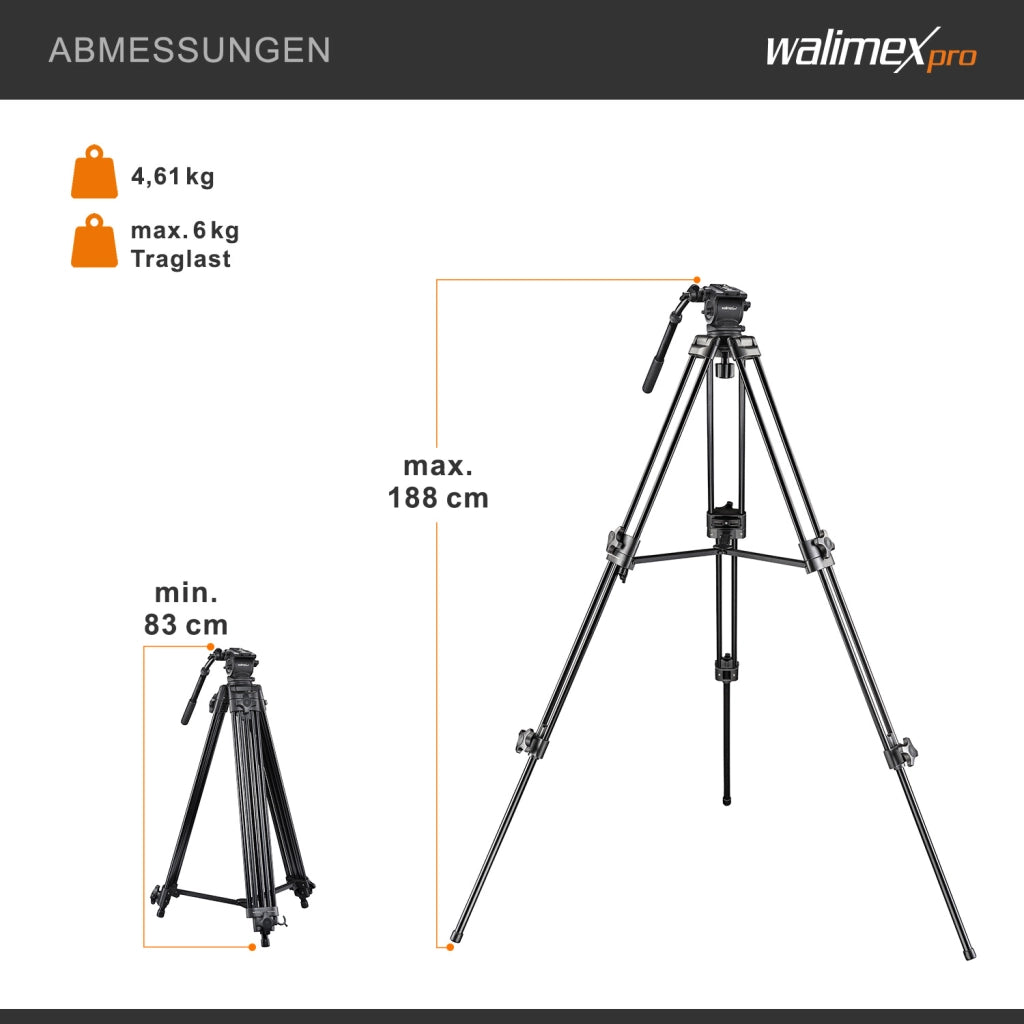 Walimex Pro treppiede video di alta qualità Cineast 188cm con borsa I 5 supporti per le gambe e divaricatore centrale per un'elevata stabilità I per videocamere e DSLR fino a 6kg