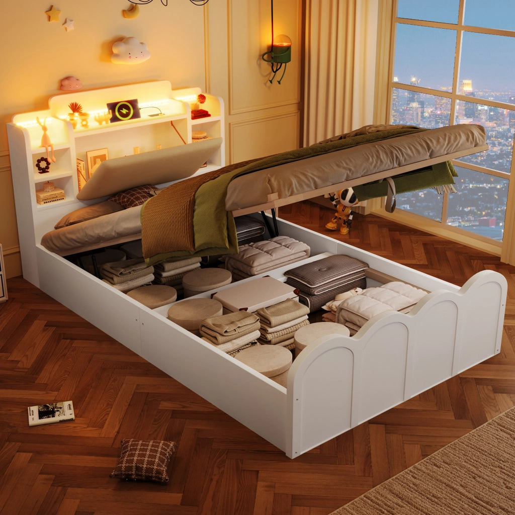 OKWISH Letto Contenitore 90×200 cm, Letto Singolo con USB e Tipo C, LED Regolabile e Contenitori, senza Materasso, Bianco