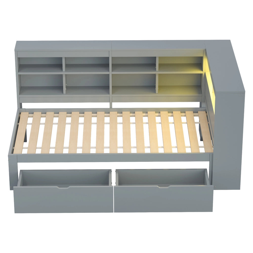 Letto singolo in legno 90×200 cm con USB; LED; ripiani e cassetti; senza materasso; grigio