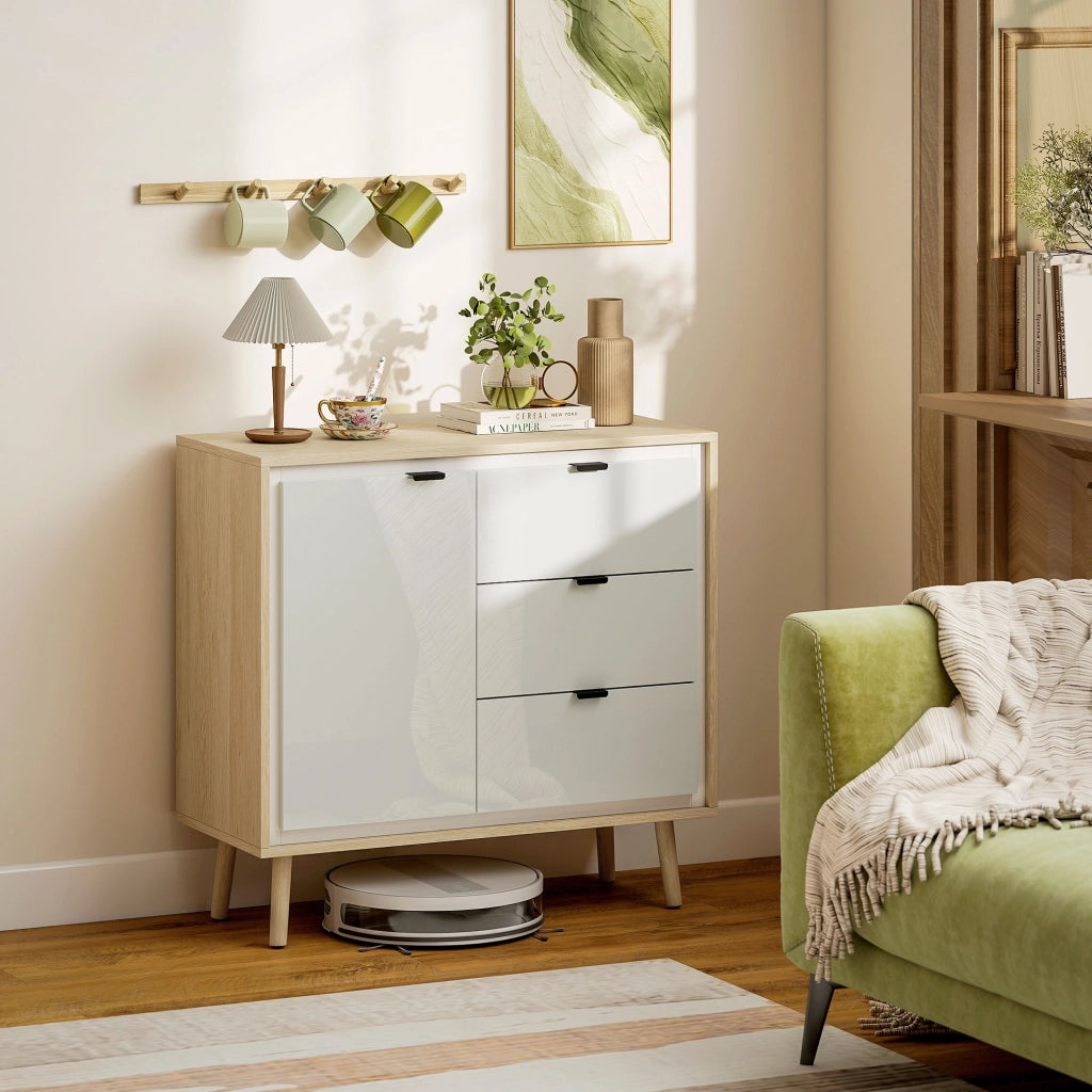 Credenza Moderna con 3 Cassetti e Armadietto Ante Lucide Bianco e Rovere