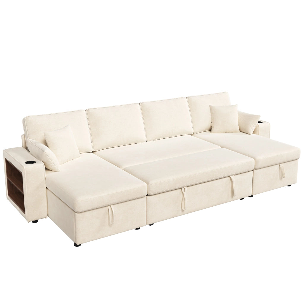 Divano Angolare con Funzione Letto ¨C MINIMAL ¨C Beige, Chaise Longue, Contenitore, USB