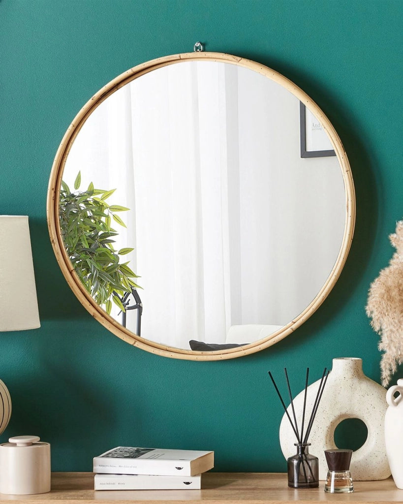 Specchio da parete decorativo con cornice rotonda in rattan ø 60 cm