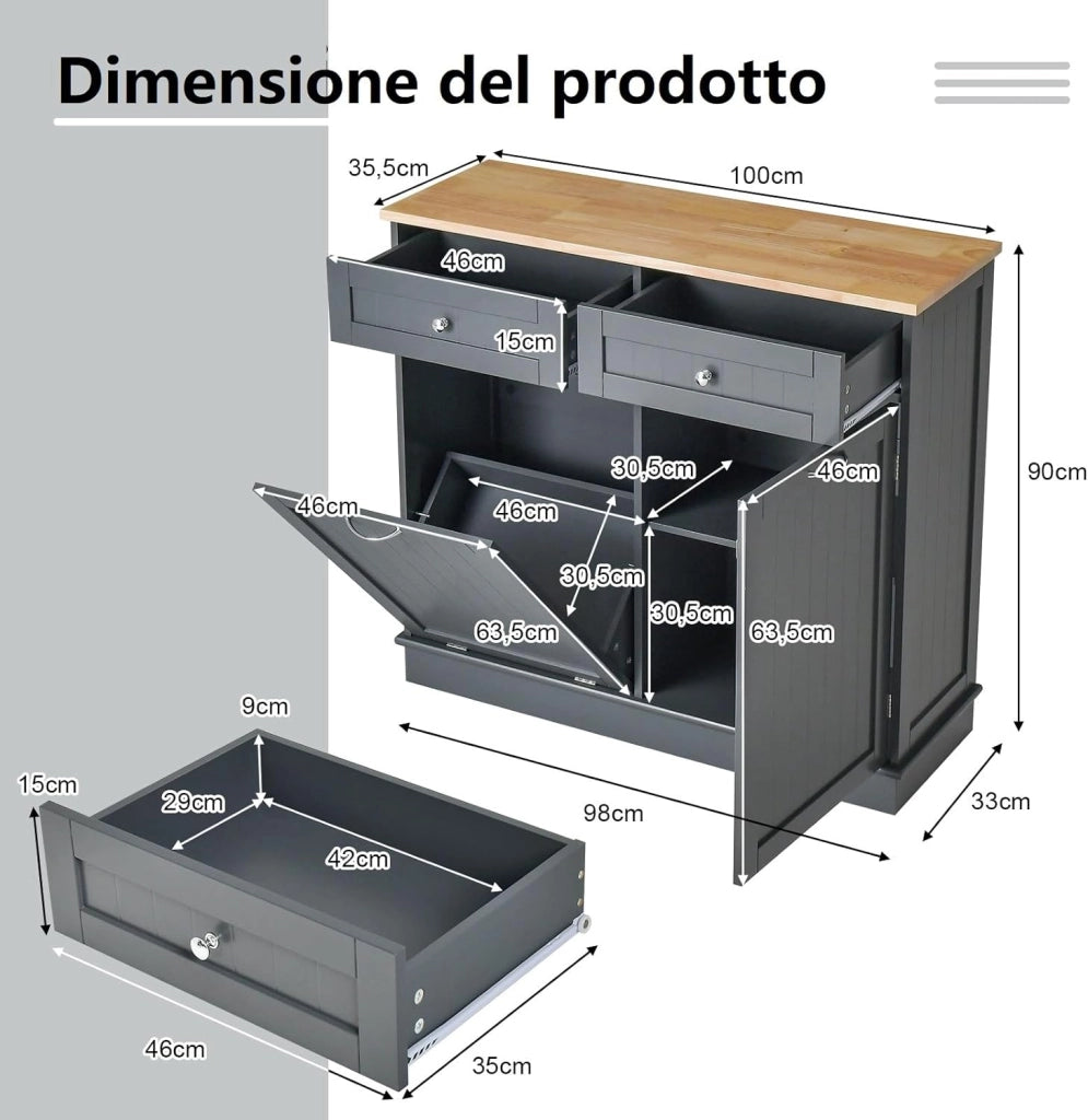 Credenza Cucina, Mobile per Pattumiera Ribaltabile con Piano in Legno di Gomma 2 Cassetti e Ripiano Regolabile, 100x35,5x90 cm (Grigio)