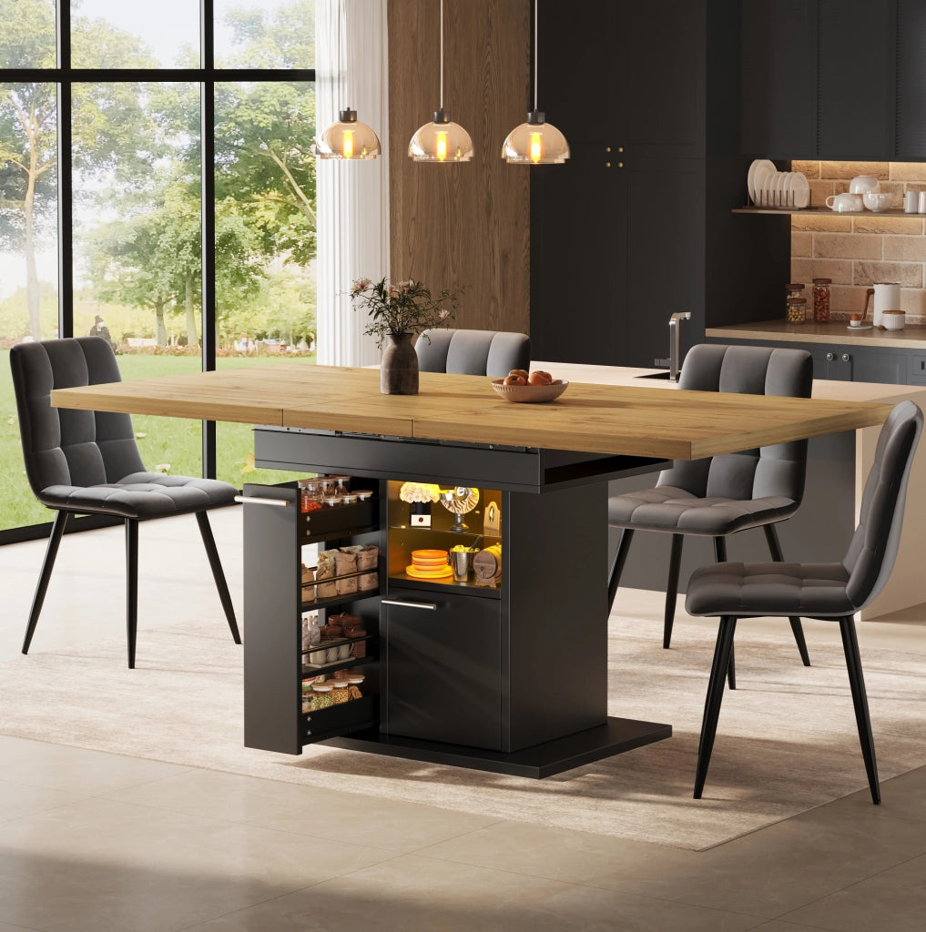 Tavolo da pranzo allungabile con LED multicolore e vano contenitore, MDF nero