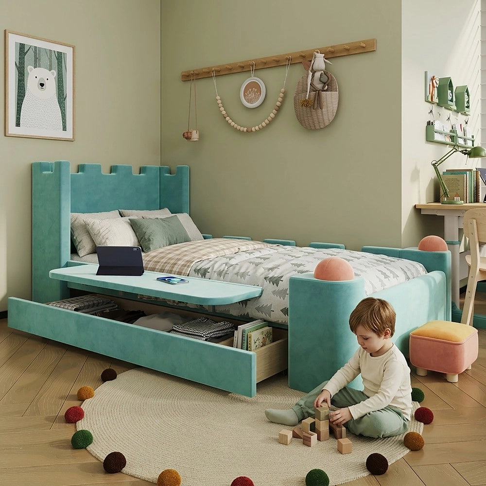 Letto imbottito singolo con cassetto ¨C Minimal ¨C blu velluto 90x200 cm