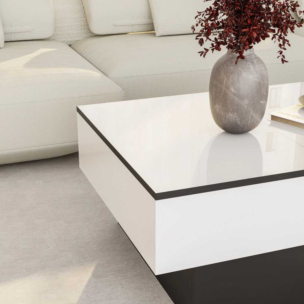 Tavolino Centrale Lens da Salotto con Piano Scorrevole 80 x 60 x 36 cm - Bianco / Nero [en.casa]