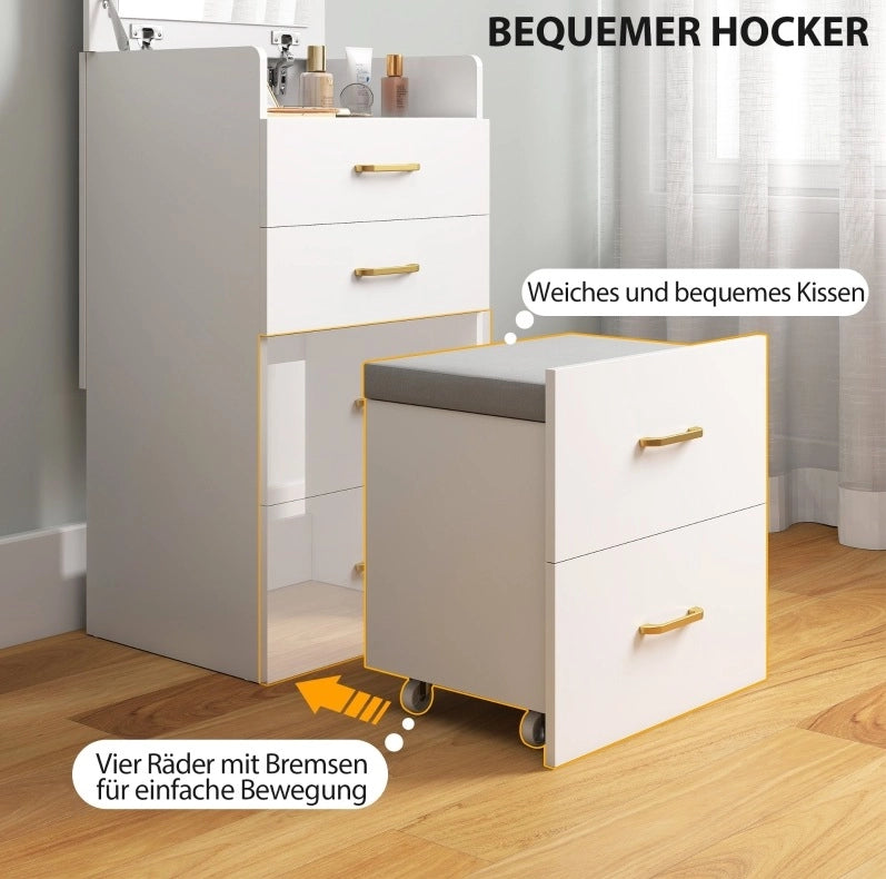 Toeletta 3 in 1 con specchio, comodino e sgabello