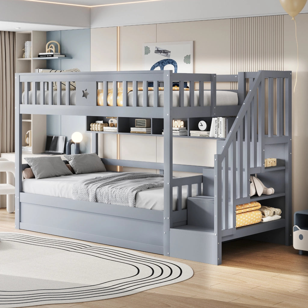 Letto a Soppalco 90x200 cm; Contenitore; Ripiani; Scala con vani; in Legno; Grigio